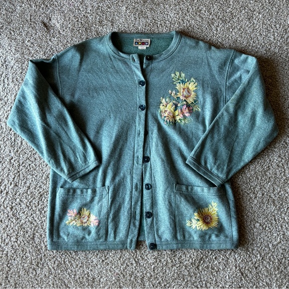 The Woods Sweaters - VTG 2000s Y2K‎ The Woods Fleece Lined Cardigan Sage Green Sunflower Pockets